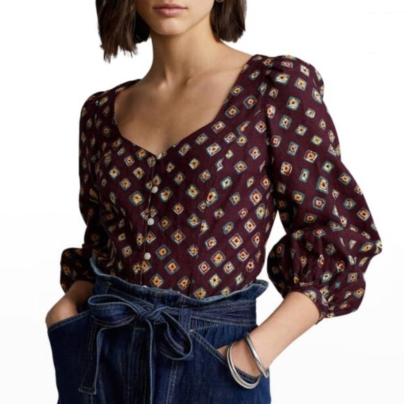 NWT Polo Ralph Lauren Block Print Linen Button Down Top - Picture 1 of 6